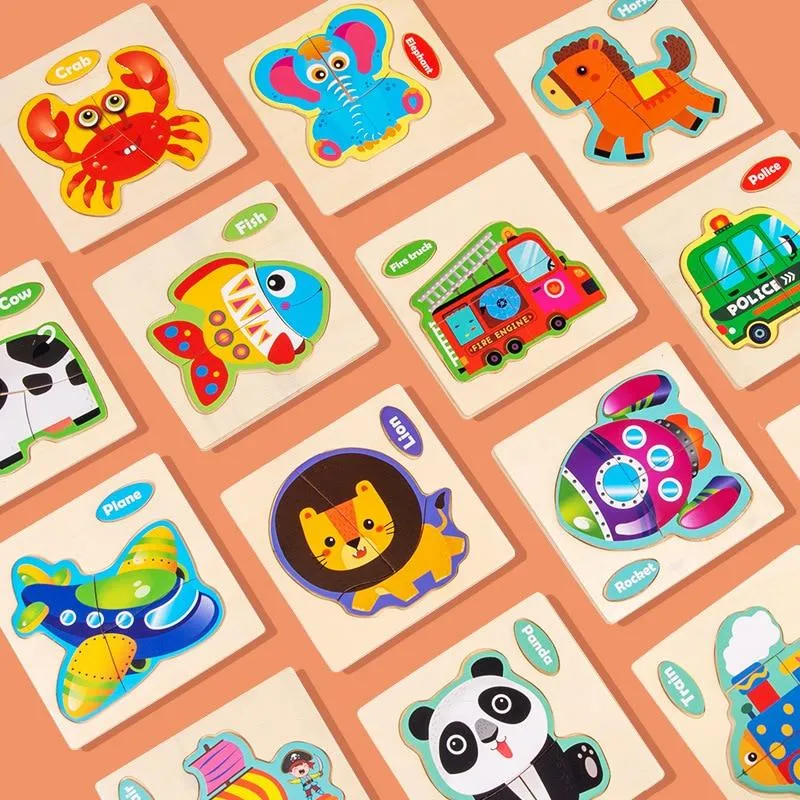 3D Wooden Puzzle Jigsaw Toys For Children Wood 3d Cartoon Animal Puzzles Intelligence Kids Early Educational Toys