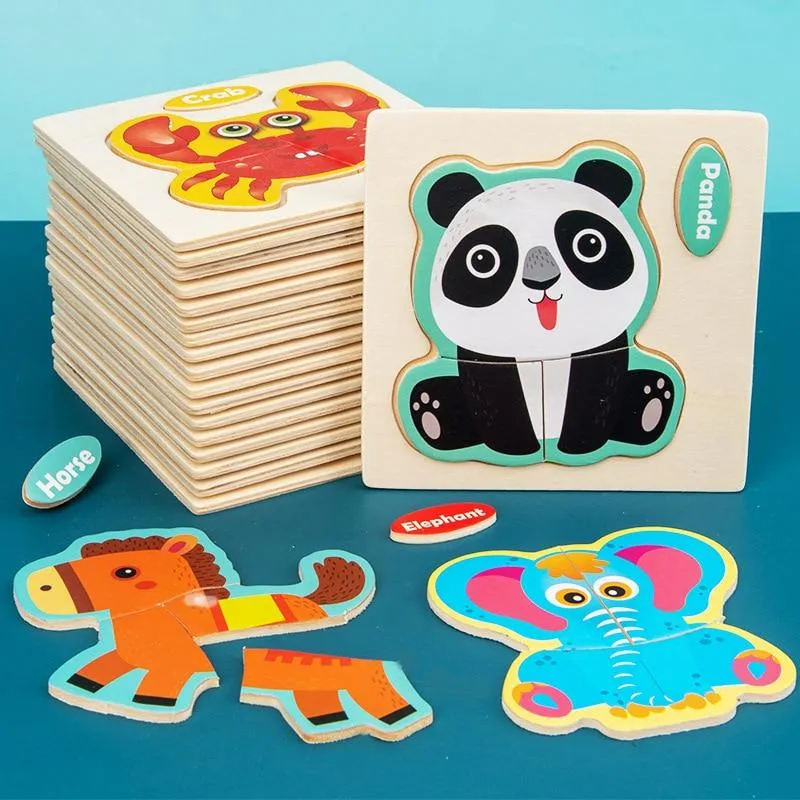3D Wooden Puzzle Jigsaw Toys For Children Wood 3d Cartoon Animal Puzzles Intelligence Kids Early Educational Toys