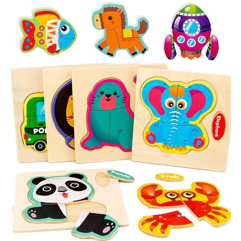 3D Wooden Puzzle Jigsaw Toys For Children Wood 3d Cartoon Animal Puzzles Intelligence Kids Early Educational Toys