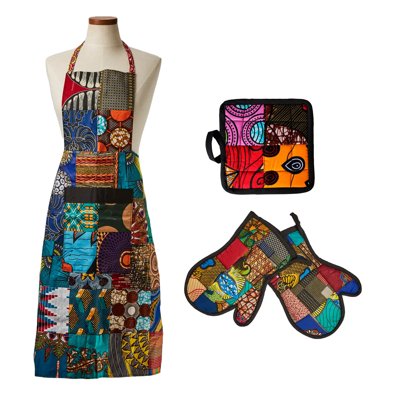 Apron, Oven Mitts & Pot Holder Kitenge Patch Set | Hand Sewn