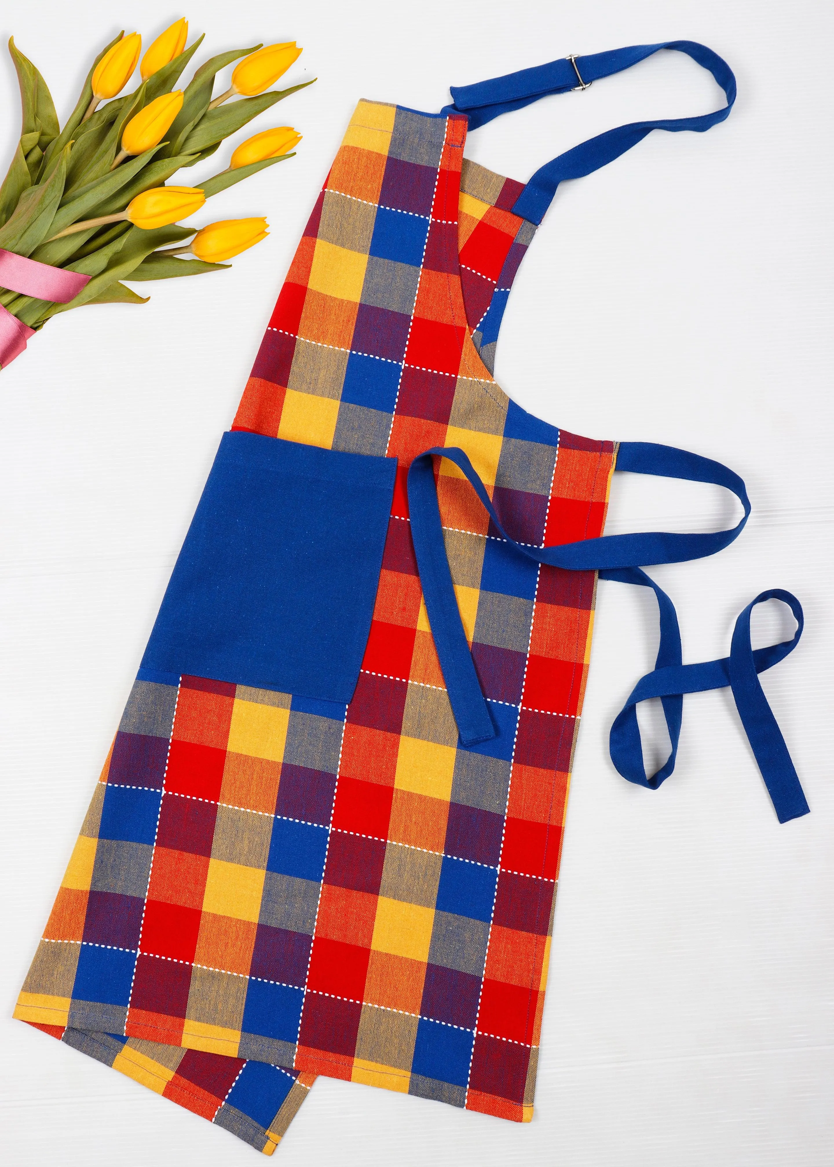 Cotton Adukalam Check With Blue Solid Pocket Free Size Apron Pack Of 1