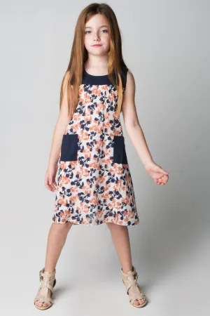 Floral Navy & Orange Apron Style Dress