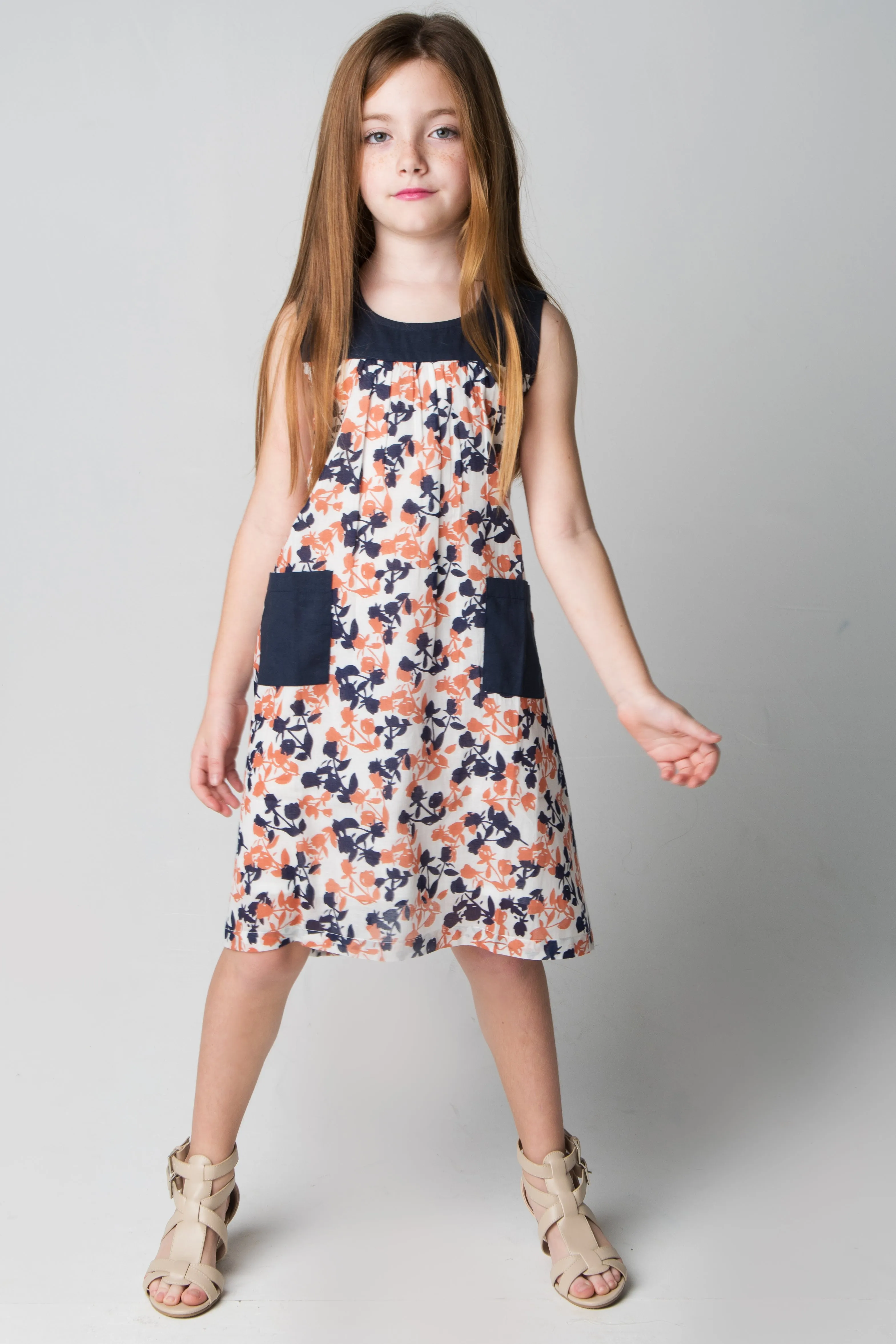 Floral Navy & Orange Apron Style Dress