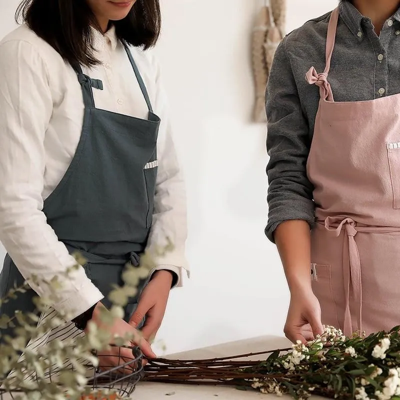 Solid Linen Bib Apron with Pockets for Cafe Barista