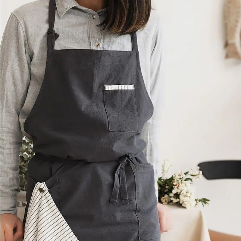 Solid Linen Bib Apron with Pockets for Cafe Barista