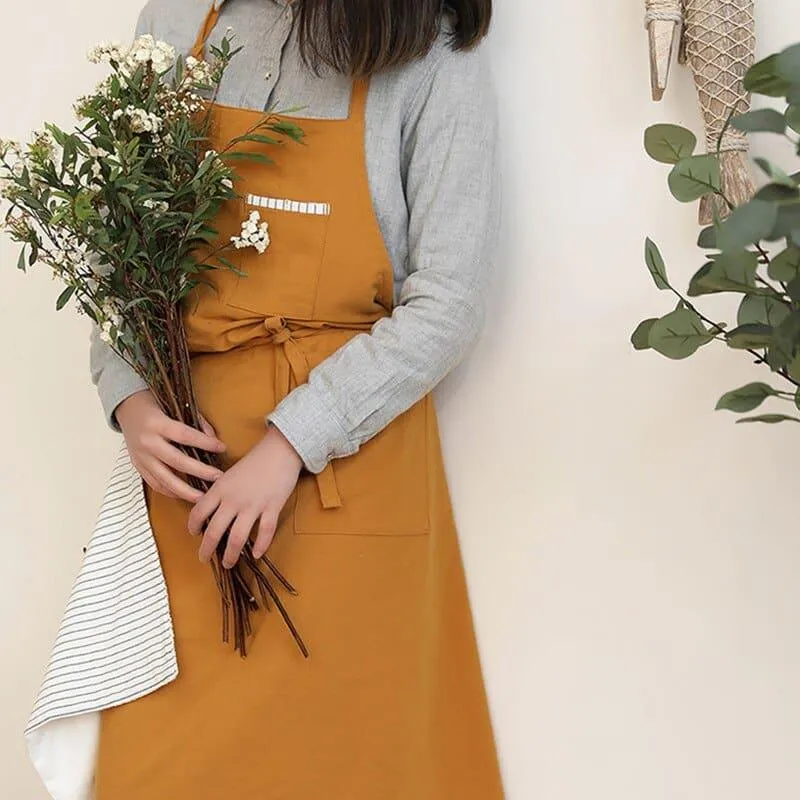 Solid Linen Bib Apron with Pockets for Cafe Barista