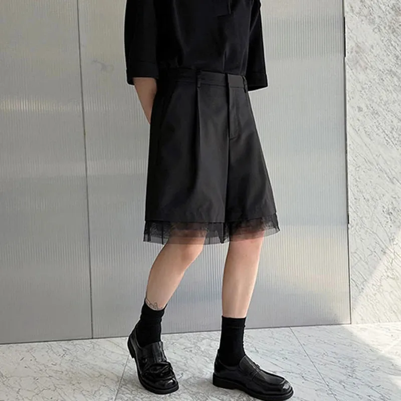 Summer Men's Suit Shorts Spliced Detachable Mesh Knee Length Solid Color All-match New Trendy Male Fashion Tide 9C5962